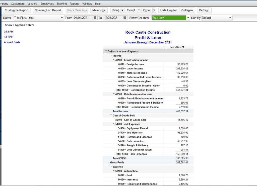 Quickbooks Profit And Loss By Month