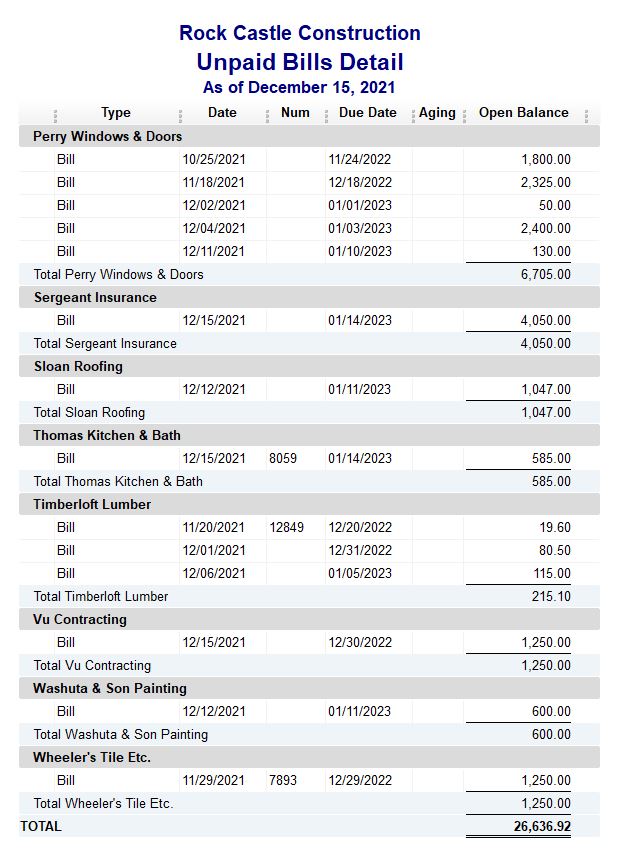 Sample Report from QuickBooks Unpaid Bills Detail AccuraBooks